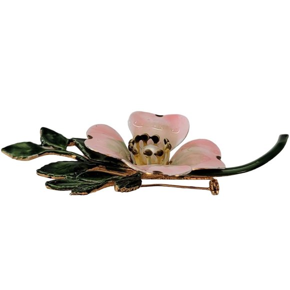 Original By Robert Pink Green Enamel Faux Pearl Dogwood Flower Stem Brooch E239 - Picture 5 of 11